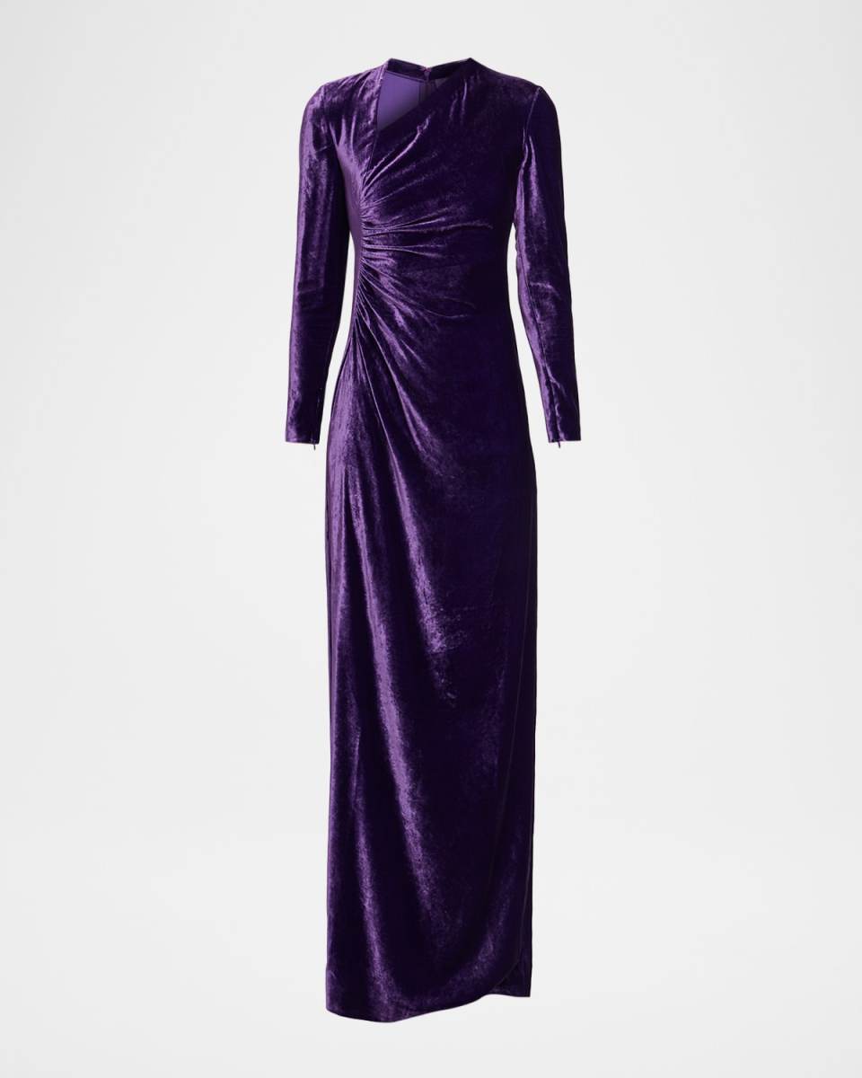 Kinslee Ruched Velvet Long-Sleeve Gown
